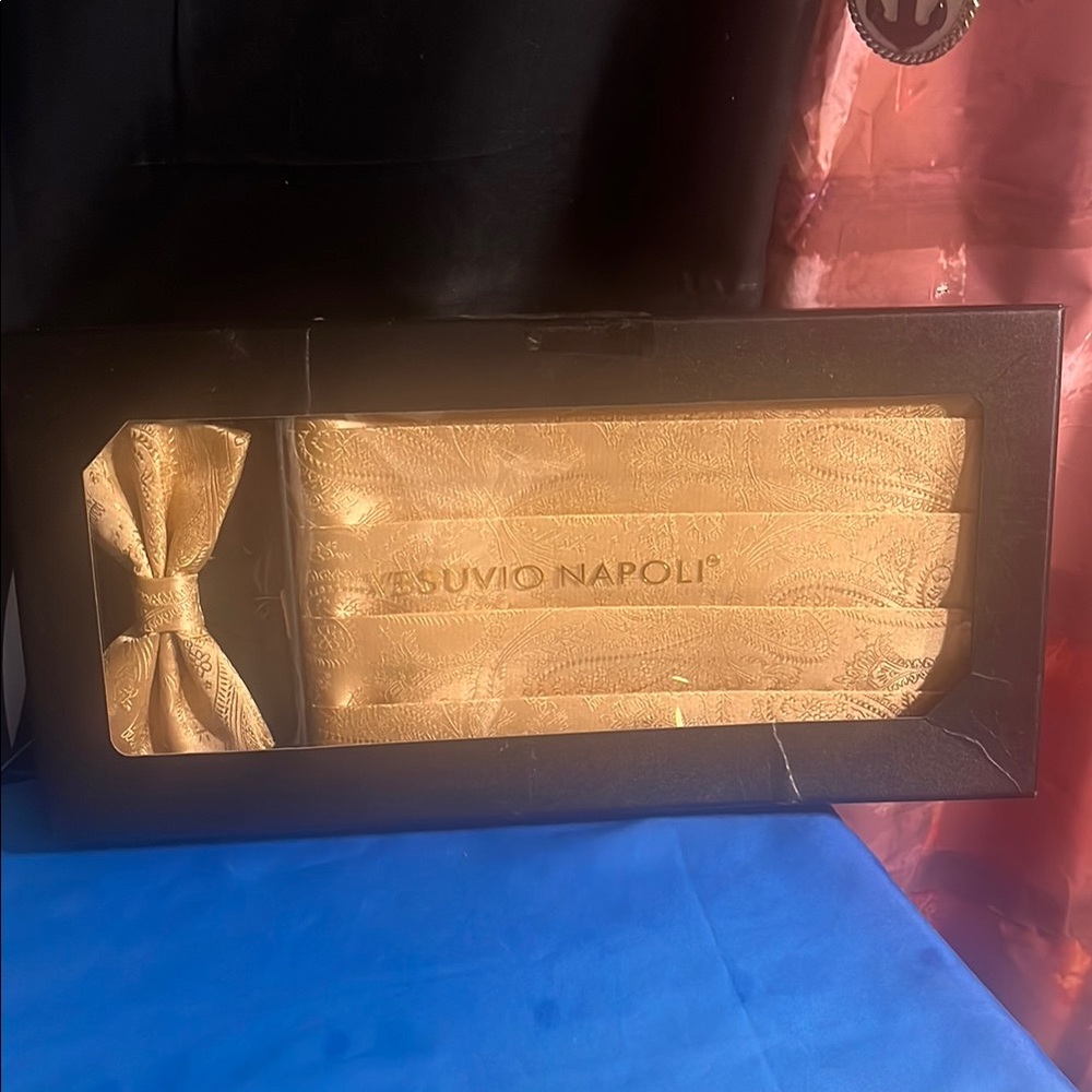 Vesuvio Napoli Gold Paisley Cummerbund & Bow Tie Set | Formal Tuxedo Accessory